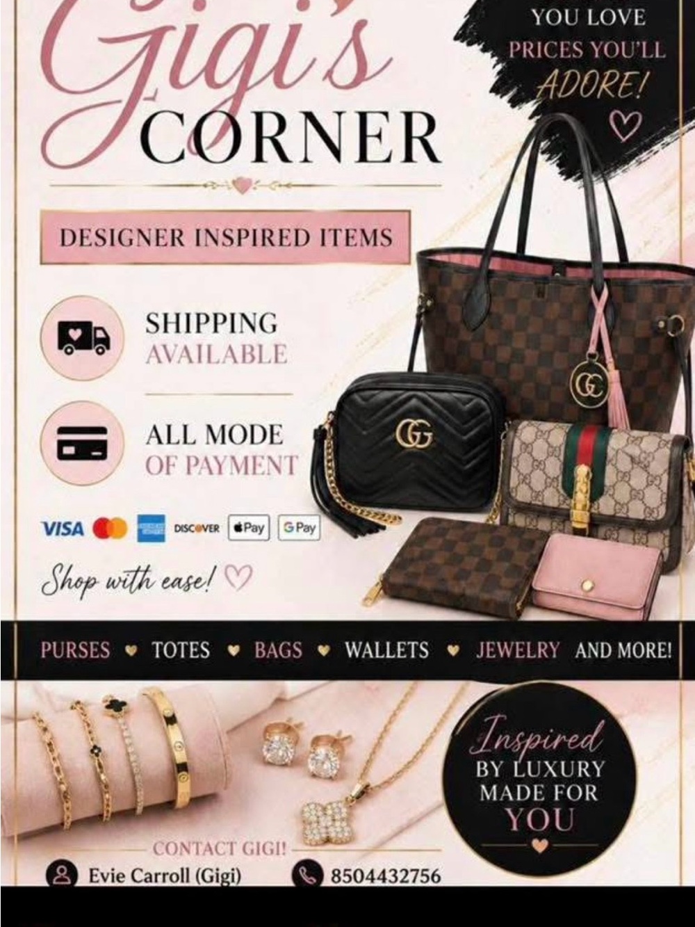 Check out Gigi’s Corner Group on FB I have Designer-Inspired bags & lots more!